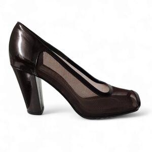 Auth! YSL block heel open toe mesh and leather heels shoes